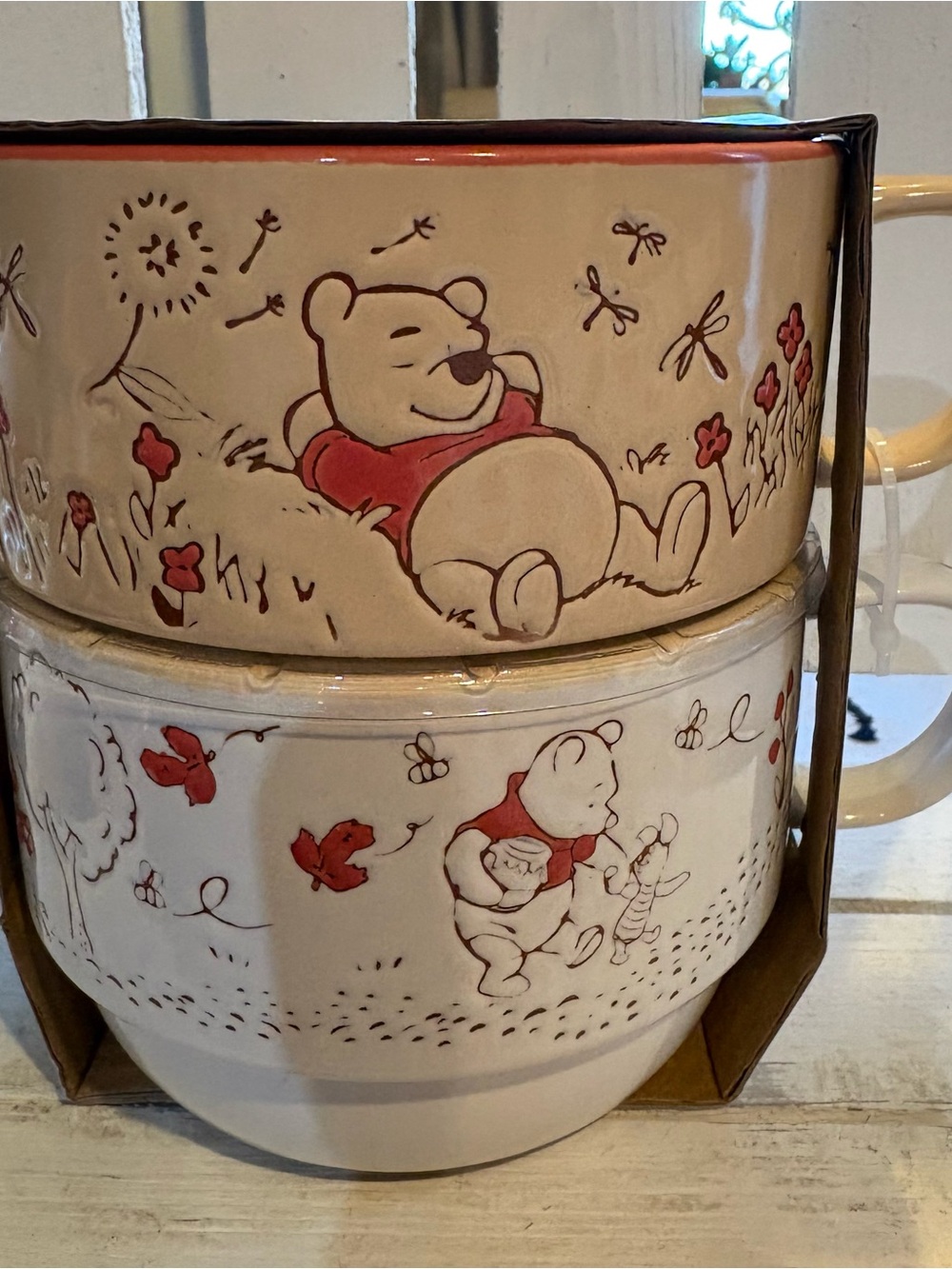 Disney Winnie the Pooh Ceramic Mugs in Cream and Red Accents